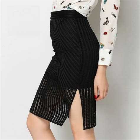 2018 Spring Summer Sexy Black White Bodycon Lace Skirts Women High Waist Hollow Out Split Skirts