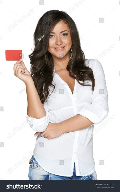 Beautiful Smiling Girl Showing Red Card Stock Photo 172832744