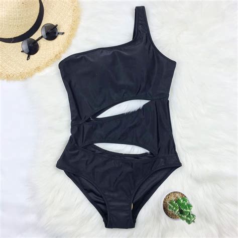 Sexy Cut Out One Piece Swimsuit Solid Swimwear Women Push Up Swim Suit