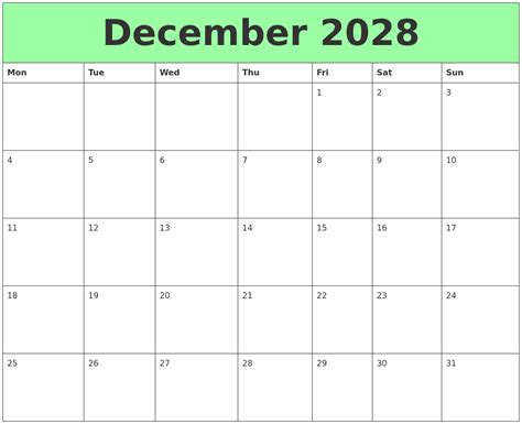 December 2028 Printable Calendars