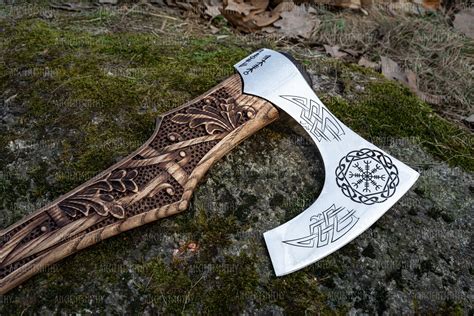 Hand Forged Viking Axe With Carved Handle And Handmade Wooden Etsy