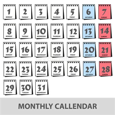 Monthly Wall Calendars With Days Icons Set Eps10 Stock Vector