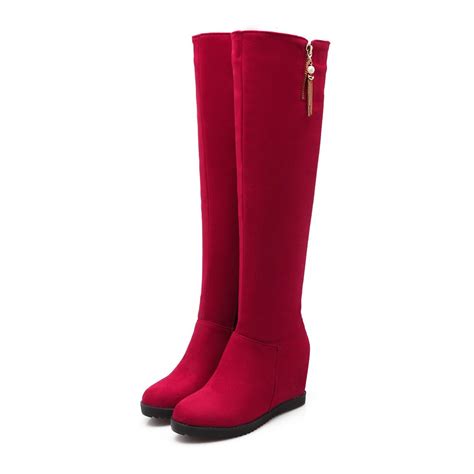 New Arrival Winter Black Red Pu Zip Fashion Women Boots Round Toe Flat With Knee High Shoes