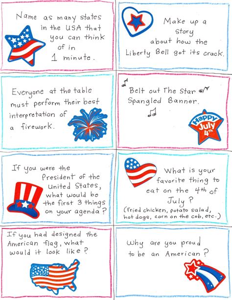4th of july party supplies come in colorful themes with a nice selection of 4th of july decorations. 4th of July Conversation Starter and Joke Cards - FREE Printables! - Happy Home Fairy