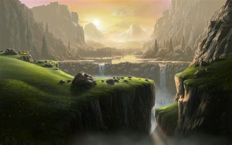 Landscape Waterfall Fantasy Art River Mountain Wallpapers Hd