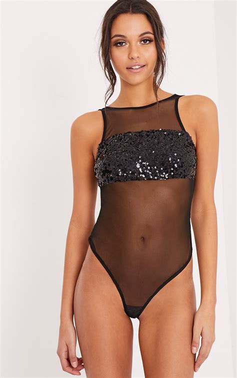 maysee black mesh sequin thong bodysuit prettylittlething aus
