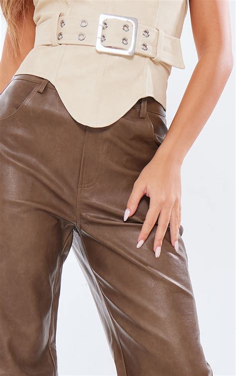 Washed Brown Faux Leather Straight Leg Trouser Prettylittlething
