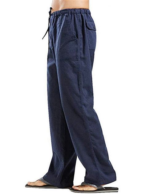 Dymade Mens Casual Elastic Waist Pockets Drawstring Linen Pants