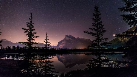 Wallpaper Lake Sky Trees Reflection Mountains Stars 1440x810