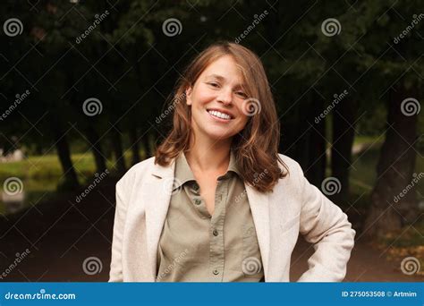 Happy Laughing Woman With Brown Hair Outdoor Stock Photo Image Of