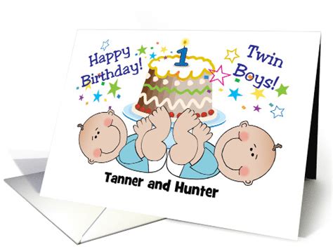 Custom Name Twin Boys 1st Birthday Cake Card 1384106