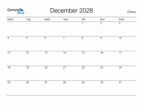 Printable December 2028 Monthly Calendar With Holidays For China