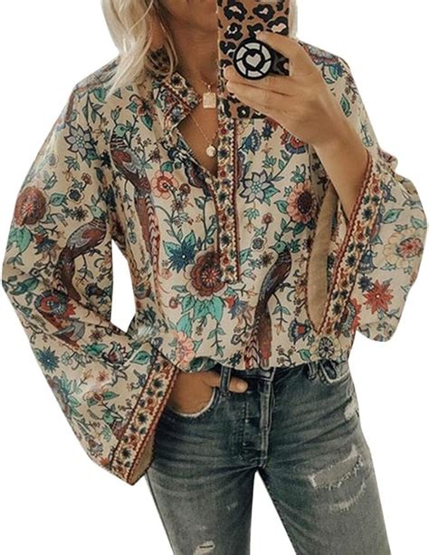 Romose Womens Vintage Bohemian Blouses Button Down Shirts Boho Tunic Floral Blouse Elegant Tops