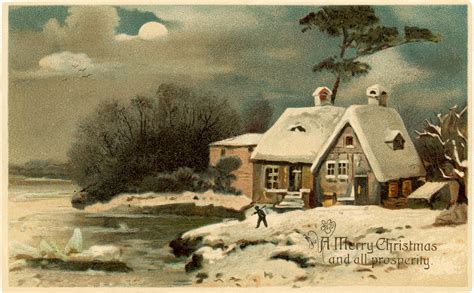Pretty Vintage Christmas Cottage Image The Graphics Fairy