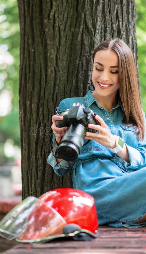 Cheerful Guy Photographing Woman Outdoors Stock Photo Image Of