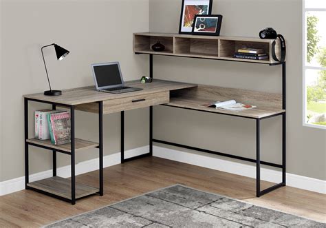 59 Taupe L Shaped Corner Desk With Shelves By Monarch