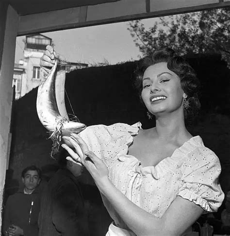 Italian Actress Sophia Loren Posing With A Fish On The Set Old Photo
