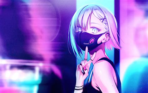 2880x1800 Anime Girl City Lights Neon Face Mask 4k Macbook Pro Retina