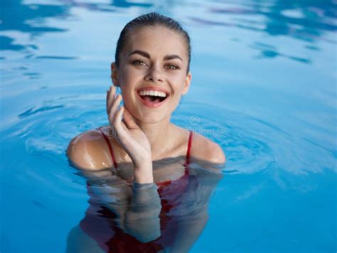 Cheerful Woman Swimming In The Pool Emotion Joy Nature Relaxation Stock