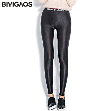 Buy Bivigaos Spring Summer Womens Letters Shiny Leggings Thin Elastic Black