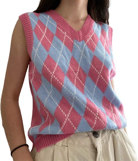 women argyle plaid knitted sweater vest sleeveless v neck preppy style 90s tank crop top