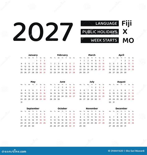 Calendar 2027 English Language With Fiji Public Holidays Stock Vector