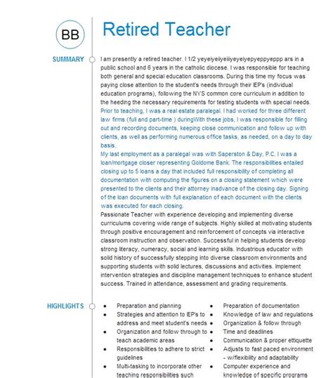 Retired Teacher Resume Example
