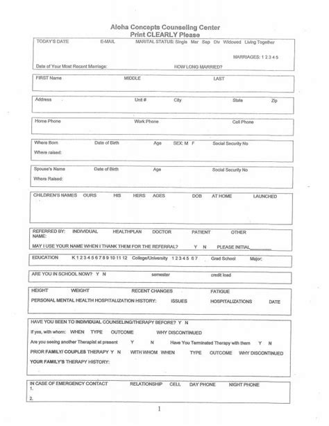 Counseling Intake Form Template Business