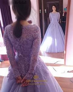 Lavender Lace Applique Top Long Sleeve Tulle Ball Gown