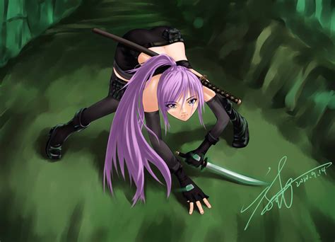 Wallpaper Long Hair Anime Girls Weapon Purple Hair Green Katana Thigh Highs Sword