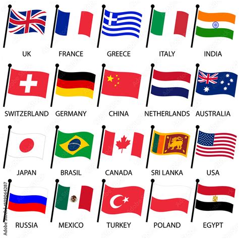 Simple Color Curved Flags Of Different Country Collection Eps10 Stock