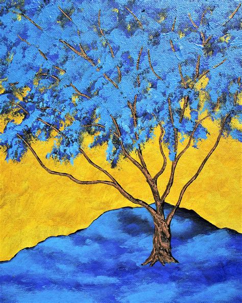 A Painting Of A Blue Tree With Yellow Sky And Water In The Background