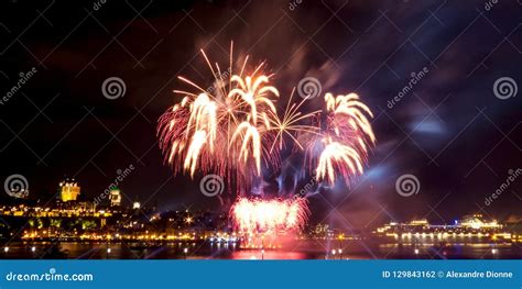Big And Bright Fireworks With Many Colors Quebec City Stock Photo