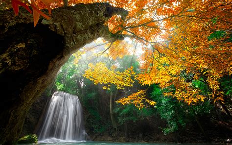 Erawan Waterfall Waterfall In Kanchanaburi Thailand Autumn Landscape 4k