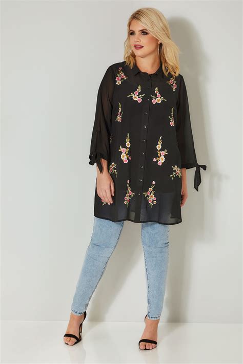 Black Floral Embroidered Longline Chiffon Shirt Plus Size 16 To 36