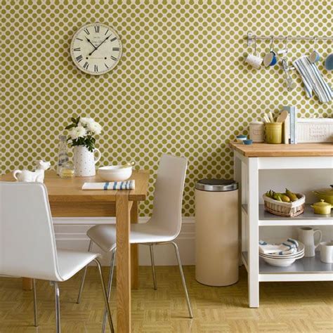 Kitchens Minimalist Kitchen With Dotted Wallpaper Also Wooden Dining
