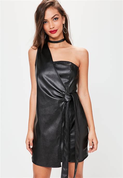 Missguided Black Faux Leather One Shoulder Mini Dress Lyst