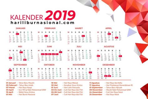 Jadwal Hari Libur Nasional 2019 Dan Cuti Bersama 2019 Hari Libur Nasional