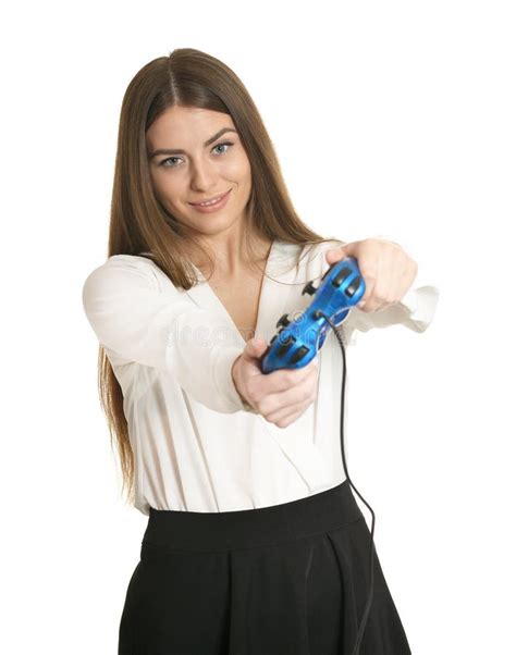Woman Playing Video Game With Joystick Stock Image Image Of Game