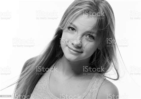 Teenager Girl Woman Female Portrait Freckles Face Black And White Stock