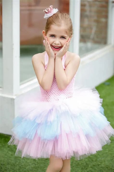 Lovely Girls Pink Flowers Crochet Tutu Dress Kids Fluffy Tulle Tutus