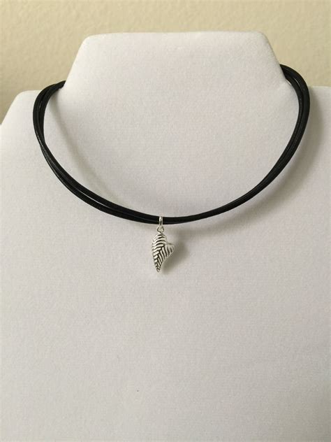 Sterling Silver Slim Heart 12 To 14 Two Strand Black Leather Choker