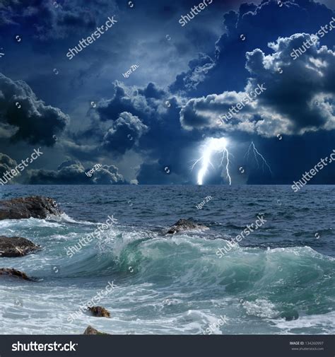 Dramatic Nature Background Lightnings Dark Sky Stock Photo