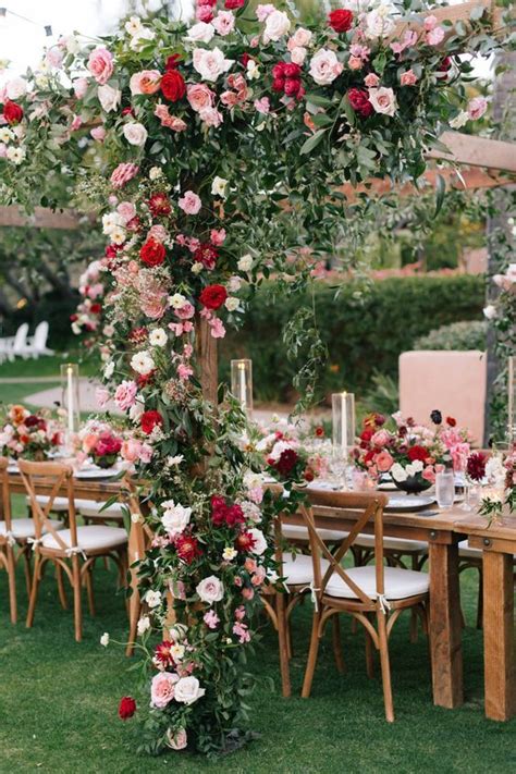 Arch Decor Of Greenery Red Pink And White Blooms Red Wedding