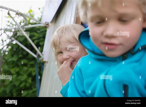 Portrait Of Two Young Cute Blonde Kids Boy Girl Stock Photo Alamy