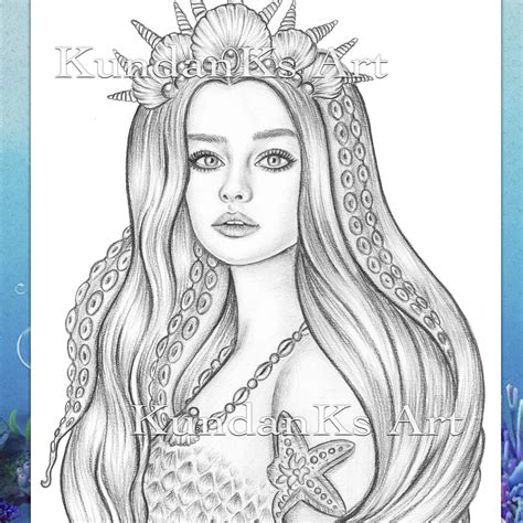 Mermay Sea Goddess Mermaid Coloring Page Adult Coloring Page