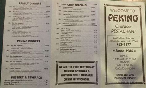 Menu Of Peking Chinese Restaurant In Janesville Wi 53545