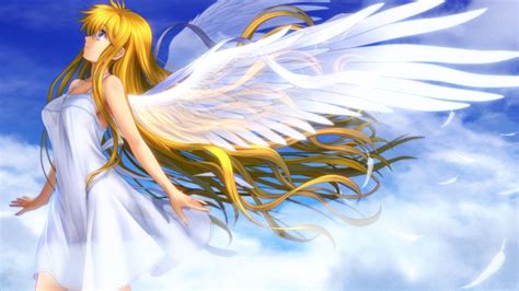Schöne Anime Girl Angel Wings Weißen Federn Hintergrundbilder