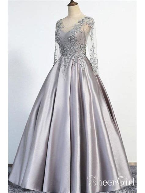 Long Sleeves Silver Grey Prom Dresses Beaded Lace Appiqued Evening Ball Gowns Sheergirl