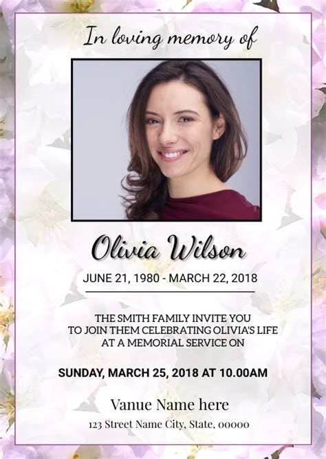 Funeral Invitation Template Watercolor Flowers Memorial Announcement